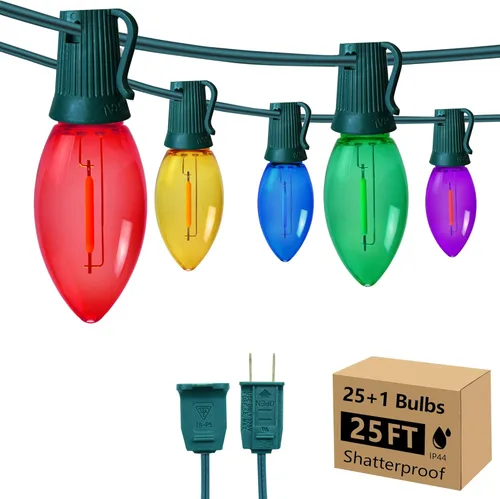 C9 Luces de Cadena de Navidad, 25 pies 26 Bombillas Brillantes y Multicolores para Exteriores, Luces de Navidad para Techo, Patio, Jardín,