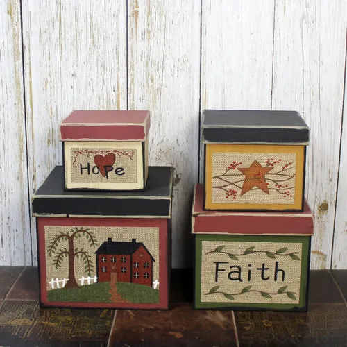 Miniatura 4 de CVHOMEDECO. Square Primitives - Juego de 4 cajas de cartón coleccionables vintage Hope Faith Star House (8 x 8 x 7 pulgadas de alto)
