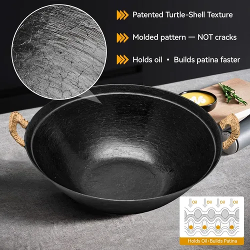 Miniatura 2 de WANGYUANJI Wok de hierro fundido hecho a mano de 14.2 pulgadas, sartenes grandes para freír con doble mango, sartén adecuada para inducción