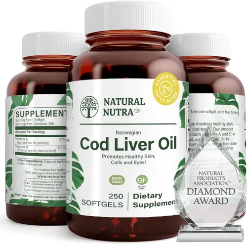Natural Nutra Suplemento noruego de aceite de hígado de bacalao, ayuda a mantener la piel, ayuda a mantener la densidad corporal, la salud ocular y
