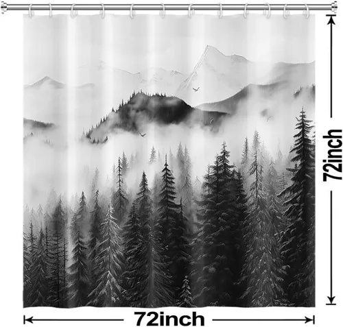 Miniatura 7 de Cortina de ducha pequeña en blanco y negro, juego de cortina de ducha de bosque brumoso para baño, impermeable, decoración de baño de montaña