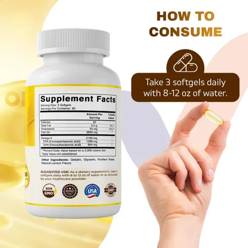 Miniatura 3 de Vitamatic Aceite de pescado Omega 3 de triple fuerza, 3600 mg por porción, 2160 mg de ácidos grasos Omega 3, 1296 mg de EPA + 864 mg de DHA, sabor a