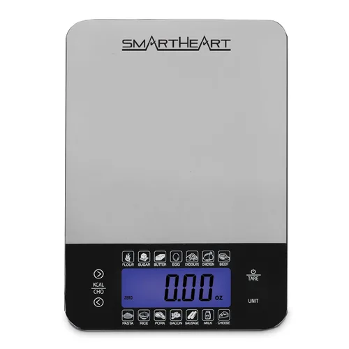 SmartHeart - Báscula digital de acero inoxidable prémium para alimentos | Kitchen Scale for Meal Prep & Baking, Calorie & Carb Counter, 14 Foods,