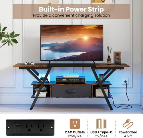 Miniatura 3 de Giantex Soporte de TV con tomas de corriente para TV de 55 a 65 pulgadas, centro de entretenimiento de 3 niveles con luces LED y control remoto