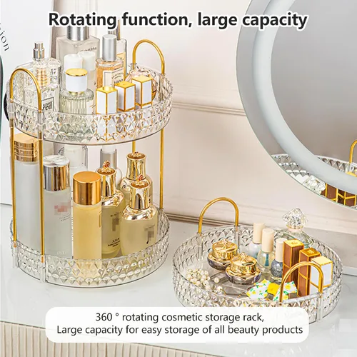 Miniatura 6 de Estante de almacenamiento acrílico giratorio de 360°, organizador de maquillaje de gran capacidad de 2 niveles para encimera de baño y tocador