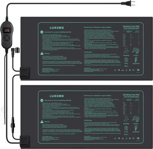 LUXBIRD Paquete de 2 alfombrillas térmicas de plántulas con controlador de termostato digital, 10" x 20.75" pulgadas, 30 W para inicio de semillas,