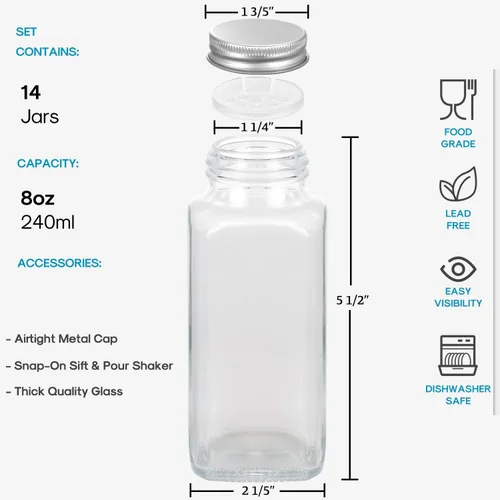 Miniatura 2 de Aozita - 14 tarros para especias de vidrio con tapas negras, botellas vacías cuadradas de 4 oz y etiquetas de especias, tapas negras de coctelera