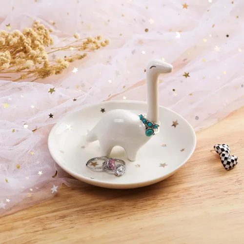 Miniatura 2 de PUDDING CABIN Soporte para anillos de dinosaurio blanco, regalos de cumpleaños para mujeres, bandeja de joyería única para anillos, aretes