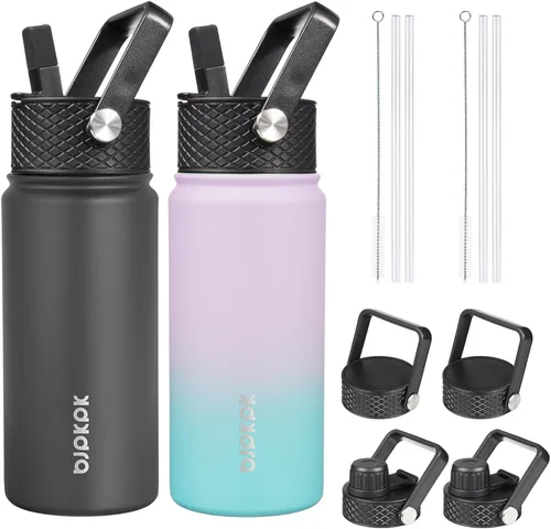 Miniatura 26 de BJPKPK Paquete de 2 botellas de agua aisladas con tapas con pajita, botella de agua de metal de acero inoxidable de 18oz con 6 tapas, jarras a