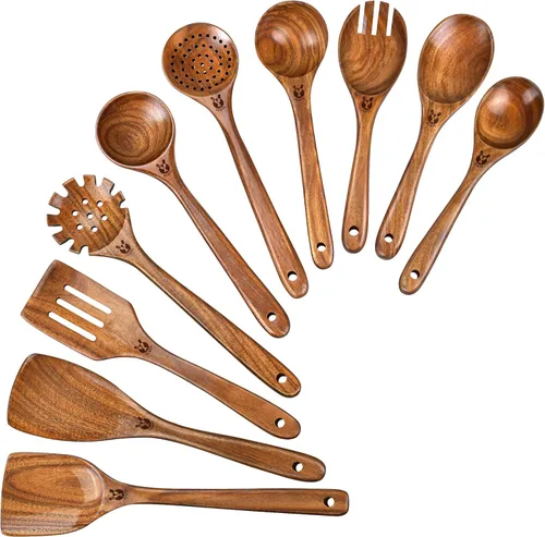 Miniatura 8 de Cucharas de madera para cocinar, 6 piezas, juego natural de utensilios de cocina de madera de teca, juego de utensilios de cocina con mango largo
