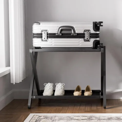 Miniatura 7 de HITNET Portaequipajes para habitación de invitados, soporte de maleta plegable, soporte de equipaje de hotel de bambú con estante de almacenamiento