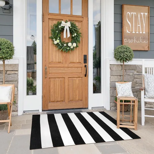 Miniatura 16 de KIMODE - Alfombra de algodón tejida con diseño a rayas en color negro, para puerta de entrada, cocina, decoración de estilo rústico