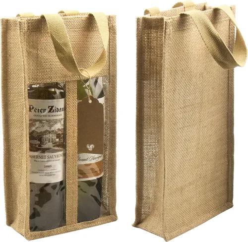 1 paquete de bolsas de regalo de vino de arpillera con dos ventanas, doble ventana, dos botellas, bolsa de yute de arpillera para botellas de vino