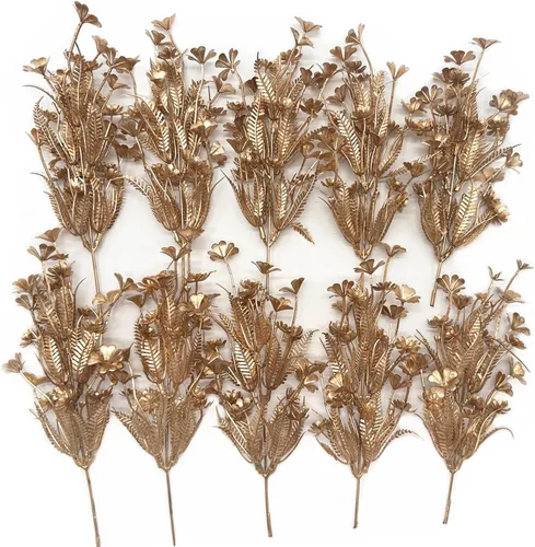 Miniatura 37 de CATTREE Plantas artificiales para decoración de Navidad, hierba de plástico dorado, hojas falsas, arbustos de simulación para interiores y Hojas