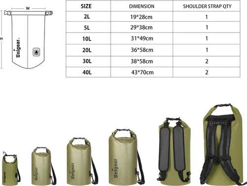 Bolsa seca Unigear impermeable, 2L/5L/10L/20L/30L/40L, Bolsas flotantes y ligeras para kayak, navegación, pesca, natación y camping con funda Verde