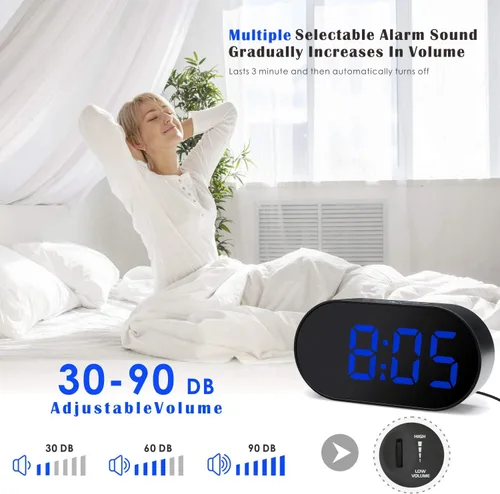 Miniatura 4 de Plumeet [Versión actualizada] Reloj despertador LED digital con atenuador de brillo ajustable y volumen de alarma, pantalla de dígitos azules de 12