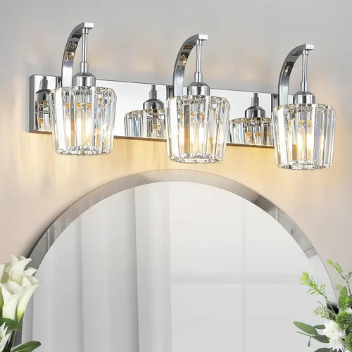 Miniatura 15 de Luces de tocador de cristal de 3 luces negras para tocador de baño, modernas lámparas de baño de cristal sobre espejo de 23.62 pulgadas de largo