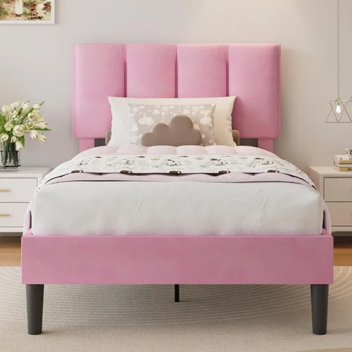Miniatura 17 de VECELO - Base de cama tamaño individual con cabecera tapizada, plataforma con soporte de listones de madera de alta resistencia, no necesita somier