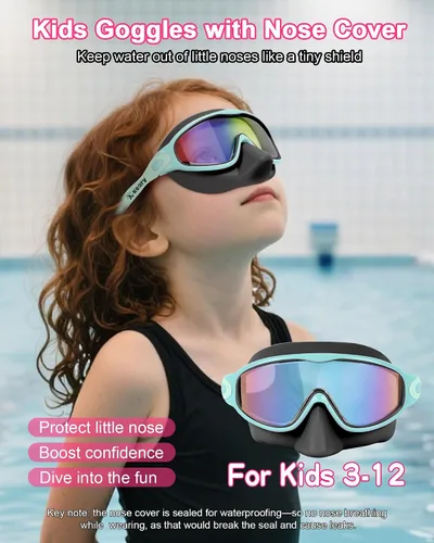 Miniatura 7 de Keary - Paquete de 2 gafas de natación para niños con cubierta nasal, anti-UV, antiempañamiento, para piscina y agua, para niños de 3 a 12 años