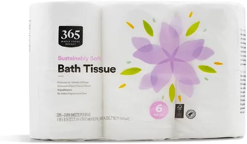 365 by Whole Foods Market, Pañuelo de baño suave y sostenible, hipoalergénico, 286 hojas por rollo, 6 unidades