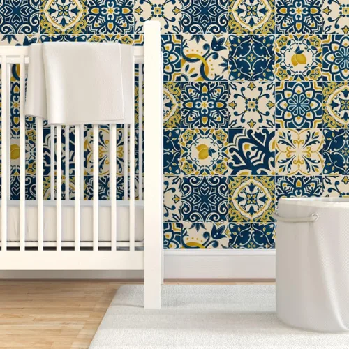 Miniatura 6 de Papel tapiz para despegar y pegar – Azulejos amarillos Limones Cheater Quilt Italiano Mediterráneo Azulejos Siciliano Karge Escala Toscana, Papel