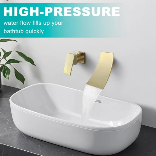 Miniatura 3 de SKOWLL Grifo de fregadero de baño de montaje en pared de una sola manija, juego de grifo moderno de cascada de oro cepillado, boquilla de cascada