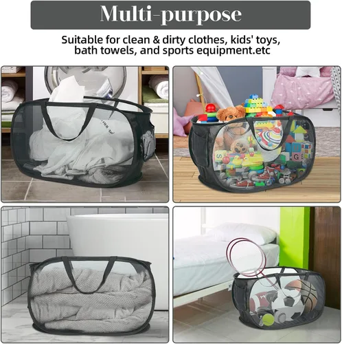 Miniatura 7 de Cestas de lavandería plegables duraderas, cesta de lavandería desplegable de malla con bolsillo lateral, cesta de ropa plegable con asas de 2 x negro