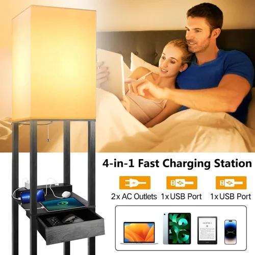 Miniatura 3 de Lámparas de pie para sala de estar, lámpara de pie alta con estantes y cajón, 2 puertos de carga USB y 2 tomas de corriente, bombilla LED brillante