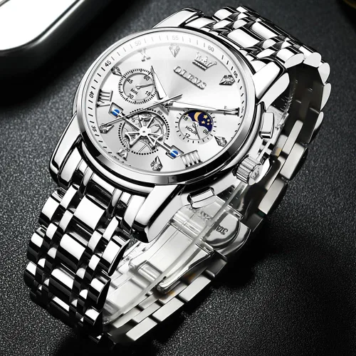 Miniatura 8 de OLEVS Relojes para hombre de plata, reloj de cronógrafo de acero inoxidable para hombre, reloj analógico de cuarzo de cara grande para hombre