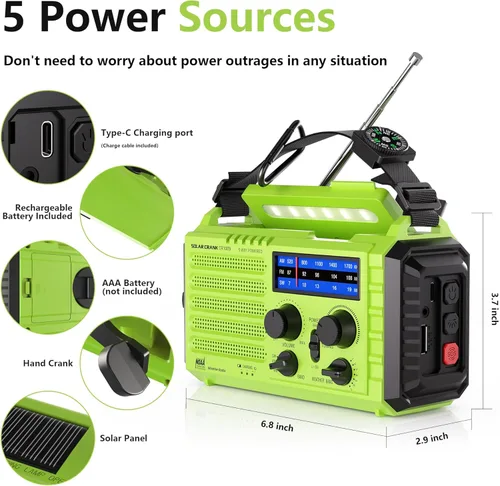 Miniatura 2 de Mesqool Radio de emergencia alimentada por 5 vías, 5000 mAh/18500 mWh, manivela solar de supervivencia, portátil, radio meteorológica NOAA/AM/FM/SW