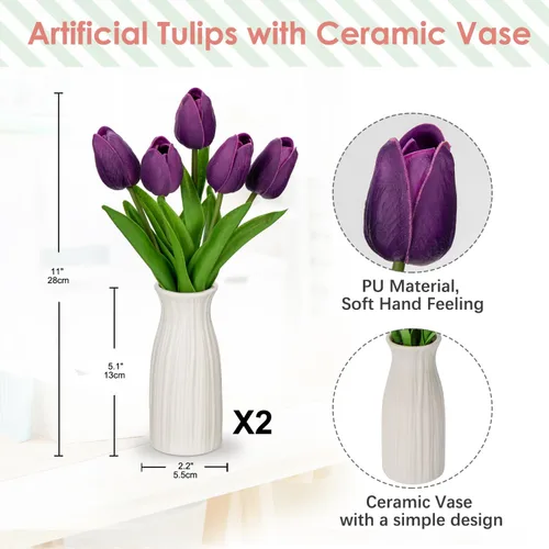 Miniatura 2 de Briful Paquete de 2 tulipanes artificiales de flores sintéticas con jarrón de cerámica, tulipanes morados de espuma de polietileno, arreglo floral