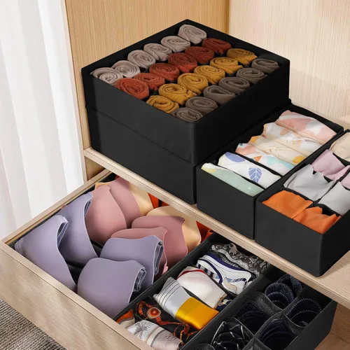 Miniatura 6 de Paquete de 6 organizadores de cajones para separar ropa interior y calcetines, con 58 celdas, organizadores de armario plegables de tela y Negro