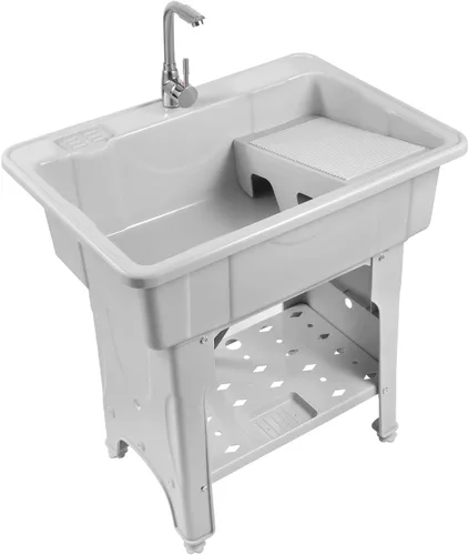 Miniatura 11 de Fregadero de lavandería de plástico independiente con tabla de lavadero, fregadero utilitario para interiores y exteriores, kit de drenaje