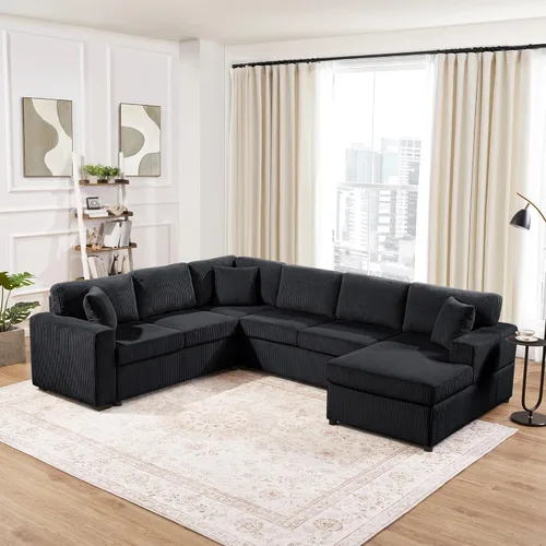 Miniatura 13 de JIVOIT Sofá cama moderno en forma de L con dos almohadas de respaldo, sofá cama modular de 124.8 pulgadas con cama extraíble, sofá modular Beige 052