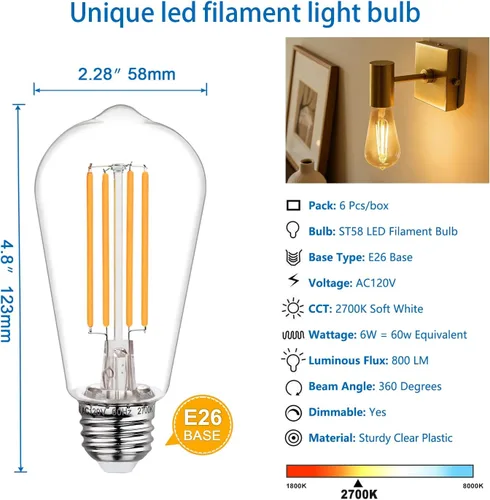 Miniatura 2 de Bombillas LED Edison regulables de 40 W, bombillas vintage con base E26, bombillas Edison de filamento cálido de 2700 K para candelabros, colgantes
