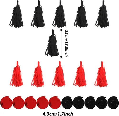 Miniatura 6 de ZERODECO - Decoraciones de fiesta, 41 piezas de abanicos de papel negros y rojos, pompones, guirnaldas, hilo, papel de seda y borlas para Negro Rojo