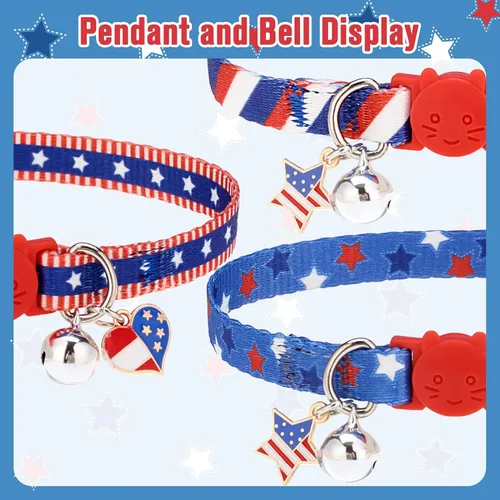Miniatura 5 de PUPTECK Collares para gatos con campana para el Día de la Independencia con la bandera estadounidense, collar azul para mascotas, paquete de 3