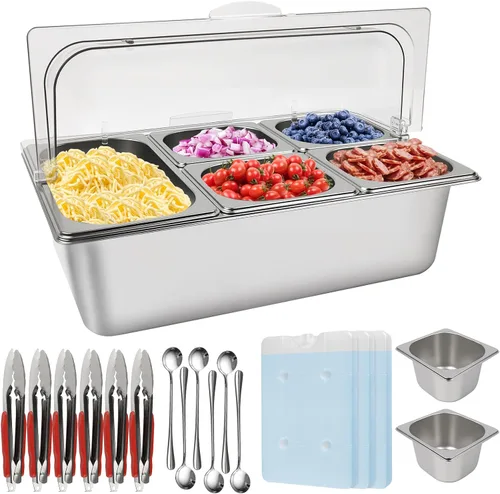 Miniatura 15 de Pizza Topping Station 7 sartenes, barra de ensalada, estación de buffet, servidor de bufé de alimentos fríos con tapas de bolsas de hielo, juego