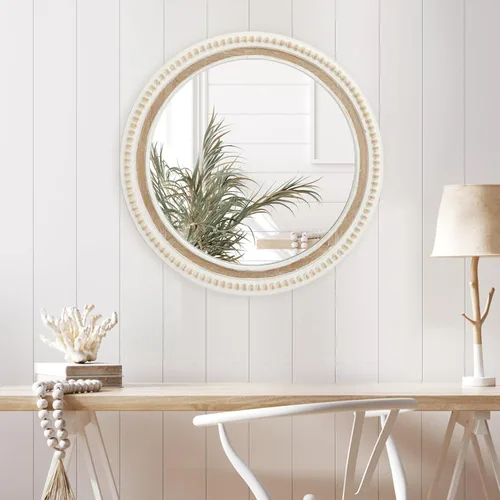 Miniatura 4 de Espejo de pared redondo de 24 pulgadas, espejo bohemio con cuentas de madera blanca envejecida, espejo decorativo de granja para dormitorio, sala