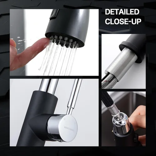 Miniatura 6 de WEWE Grifo de Fregadero de Cocina, Grifo de Cocina Extraíble, Grifo de Cocina Negro y Cromado con Rociador de Acero Inoxidable de Una Sola Manija