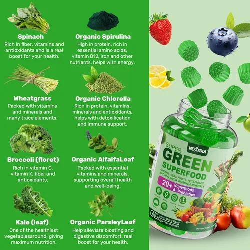 Miniatura 3 de Gomitas Super Greens, Gomitas de fibra de superalimento verde diario con espirulina, clorela, prebiótico, probiótico, frutas y verduras, vitaminas