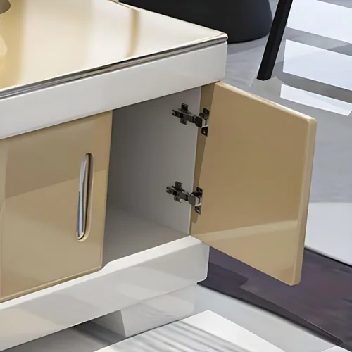 Miniatura 6 de RUNNUP Mesa de centro rectangular moderna de vidrio con base de madera blanca y almacenamiento de 2 niveles, mesa central de sofá para sala de Beige