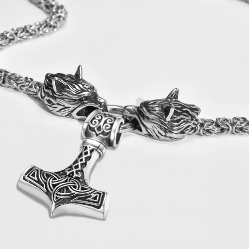 Miniatura 3 de Viking Necklace for Men - Norse Jewelry with Solid Mjolnir Fensilir Heads Viking Amulet Stainless Steel 6 mm Hefty King Chain Thors Hammer Wolf Head