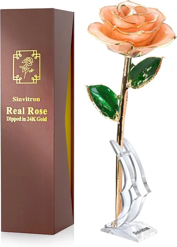 Miniatura 15 de Sinvitron Rosa Infinita Bañada en Oro - Rosa Eternamente Preservada en Resina Flor Eterna para Decoración de Cumpleaños, Día de la Madre, Rojo