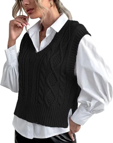 Miniatura 3 de Chaleco tipo suéter para mujer, cuello en V, sin mangas, de punto, liso, casual, acanalado, sin botones, sin botones