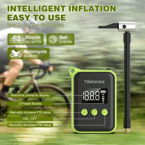 Miniatura 5 de Electric Mini Bike Pump 130 PSI, Portable Bike Tire Pump with Gauge, Rechargeable Tiny Bicycle Inflator, Auto-shutoff Air Pump for