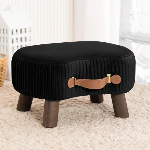 Miniatura 13 de LUE BONA Taburete pequeño curvado con asa, reposapiés de terciopelo beige y otomanos, moderno reposapiés con patas de madera, taburete con asiento