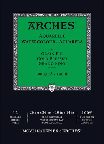 Arches Bloc de acuarela de 10 x 14 pulgadas, papel blanco natural 100% algodón, 12 hojas de papel de acuarela Arches de 140 libras, papel de arte