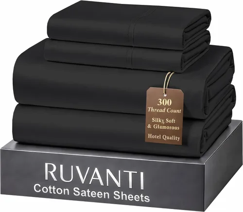Miniatura 15 de RUVANTI Juego de sábanas de 100 % algodón tamaño matrimonial, tejido de satén suave y sedoso de 300 hilos, refrescante, ligero y transpirable, Beige