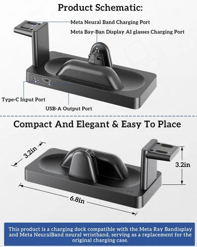 Miniatura 9 de Base de carga para pantalla Meta RayBan y gafas inteligentes de banda neural Base 3 en 1, carga integral. Chip inteligente + carga rápida. Estado